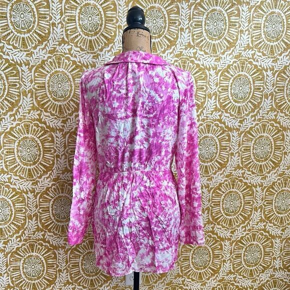 For Love & Lemons Devon V-Neck Long Sleeve Mini Shirt Dress in Pink size L - Picture 12 of 14